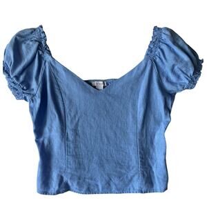 ReVamped Blue Chambray Puff Sleeve Crop Top XS Cottagecore Y2K Boho Baby